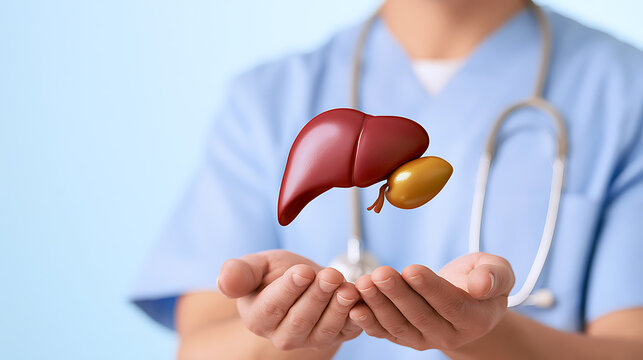 Medical professional cup hands to present a human liver model in a clinical setting, symbolizing health care, anatomy study, and treatment