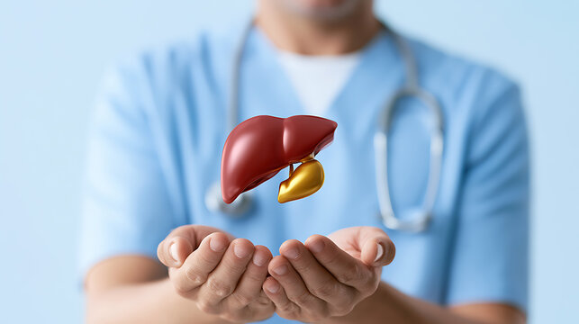 Medical professional holding human liver anatomical model in hands, healthcare concept, hospital setting, doctor care, health checkup