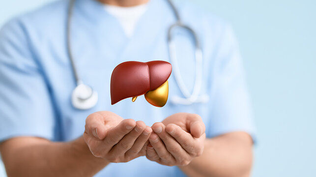 Doctor hold human liver model in open hands symbol of healthcare support organ transplant awareness medical treatment research concept care