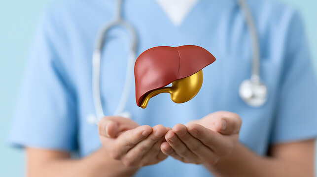 Medical professional holding 3D anatomical model of human liver and gallbladder in hands, showcasing healthcare concept and organ care