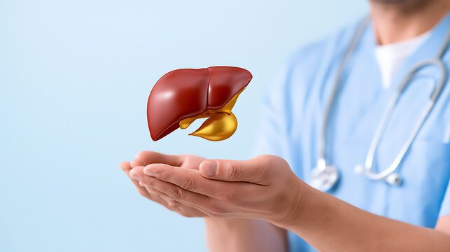 A male doctor hold a human liver model in his hands, symbolizing health, medical care, internal organ diagnosis and anatomy education
