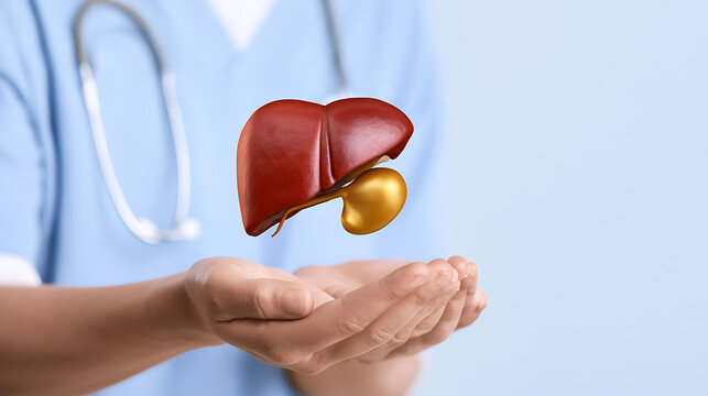 Medical professional hold human liver anatomical model in hands, healthcare concept, disease prevention, internal organ checkup in clinic
