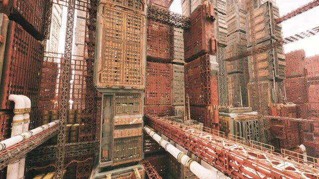 high catwalks crossing rusted pipe bridges, interwoven spans connecting towering modules with detailed flanges and safety rails, stark industrial palette