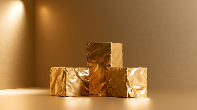Minimalist product podium with three golden foil wrapped block stands in warm studio light setup for luxury retail presentation mockups
