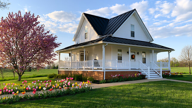 Charming modern white farmhouse with a metal roof and a spacious wrap-around porch surrounded by blooming spring flowers in a rural yard