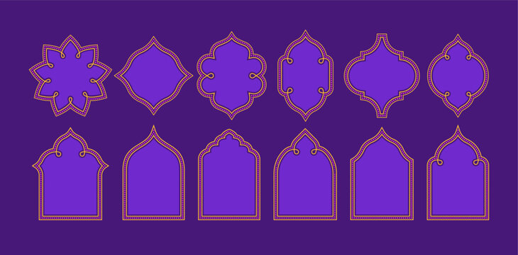 Indian Diwali Frame. Ornate Purple Arch Shape Design with Festive India Patterns. Traditional Festival Vector Background with Elegant Gold and Pink Ornaments. Decorative Diwali Elements.