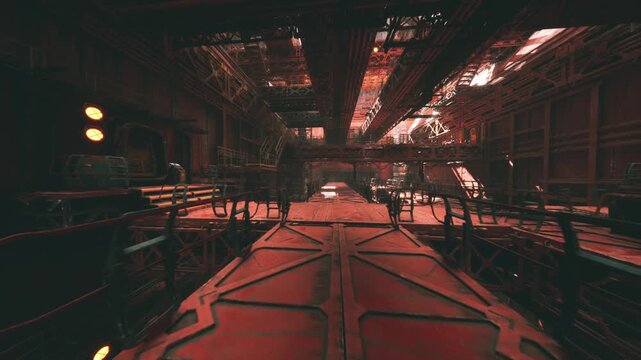 empty evacuation route framed by red lighting, clear markings and overhead signage, reinforced railings and exit doors, tense cinematic mood suggesting recent