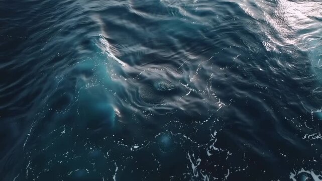 Tracking aerial slow motion pan of ocean surface swirling with light reflections and foam in open deep sea, moody daylight maritime scene
