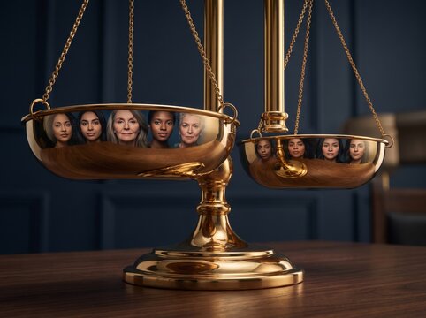 Golden justice scales balanced on wooden desk symbolizing law fairness and legal equality concept