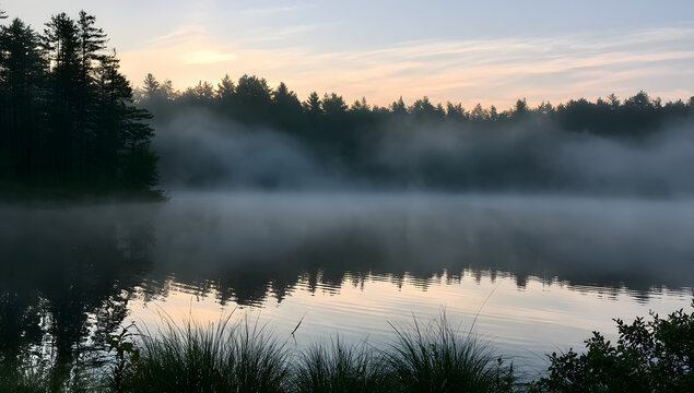 A shot of a lake veiled in mist at dawn.