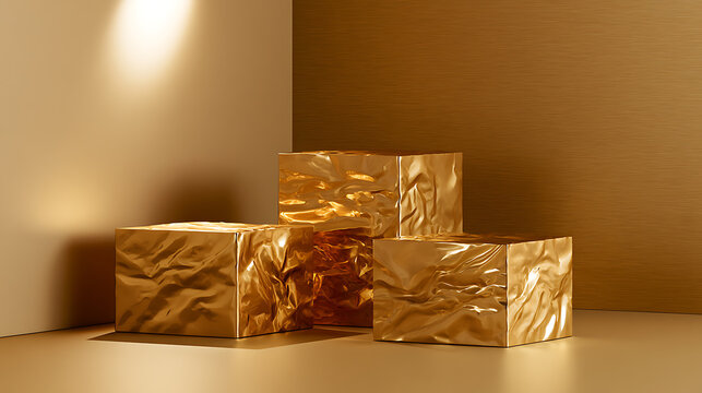 Minimalist gold podium display with reflective crumpled texture blocks on neutral background for product showcase and luxury commercial design