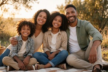 Fototapeta premium Smiling family sits on blanket in field at sunset. Parents and two kids laugh, share love. Outdoors, happy people enjoy warm evening light, connection, carefree moment.