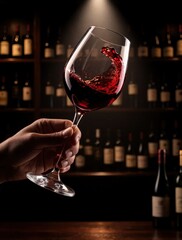 Fototapeta premium Hand swirls red wine in elegant glass at bar, bottles on shelf behind. Low light warm glow creates moody atmosphere. Perfect for wine tasting or romantic evening.
