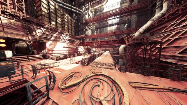 Sunlit red catwalk framed by pipes and grating, maintenance inspection route through urban refinery with warm light, safety railings, coil cable on deck, worn