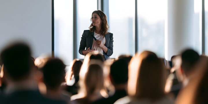 Female speaker is presenting an idea to the audience in a bright corporate seminar. The concept is business training, professional workshop, leadership coaching, public speaking, and education.