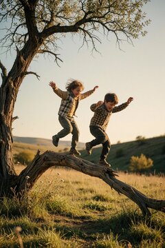 Two young brothers jump on large tree branch in summer meadow. Happy caucasian boys play outside during sunset. Active childhood adventure with joy, freedom in nature. Siblings enjoy outdoor