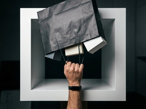 Male Hand Holding a Black Shopping Bag with Gift Boxes