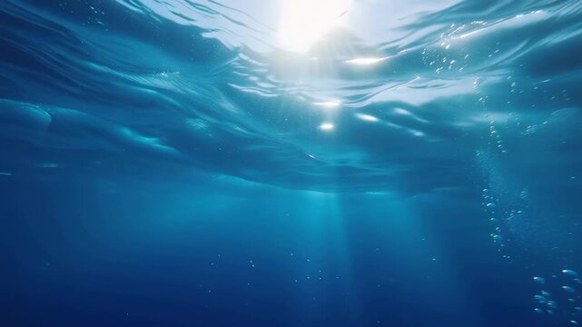 Slow tracking shot of underwater ocean sunlight filtering upward through surface with rising bubbles in open deep sea calm daytime mood
