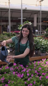 Young female gardener watering pink flowers