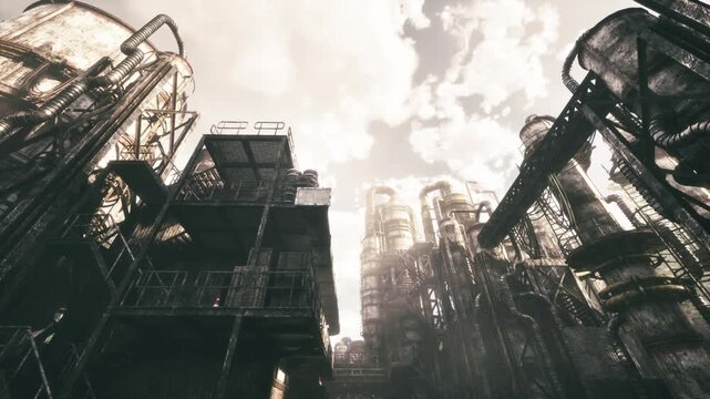 Ominous towering stacks loom beneath clouds, dense network of piping and platforms suggests industrial scale and power, moody light and weathered metal dominate