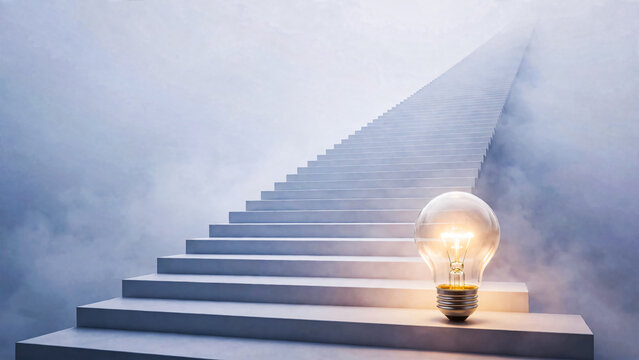 Escalier avec ampoule allum&eacute;e et brouillard