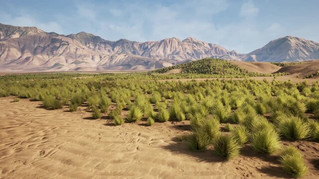 high viewpoint of dense young scrub patches across wide sandy plain with distant mountain range and clear blue sky, expansive panorama conveying renewal