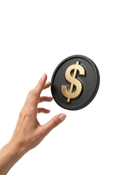 Hand reaching for gold dollar coin, transparent background