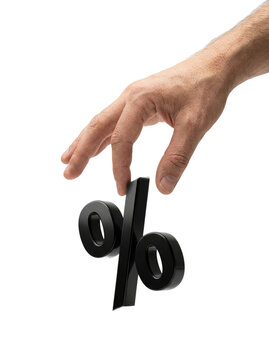 Hand touching a black percentage sign, transparent background