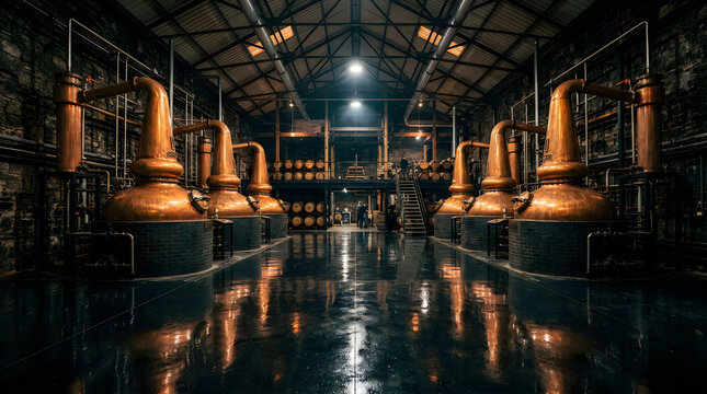 Copper stills in a dark whisky distillery production room