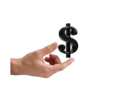 Hand holding glossy black dollar symbol, transparent background