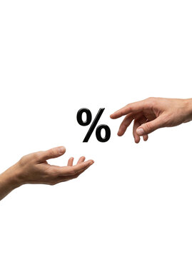 Two hands reaching towards percentage symbol, transparent background