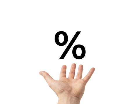 Hand reaching for a percentage sign, transparent background