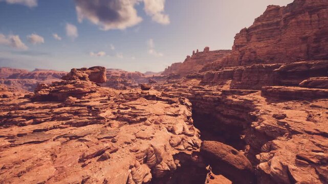 Vivid canyon scene, Cinematic view of shadowed canyon and warm earth tones, Dramatic canyon expanse with textured rocks and contrasting sky colors