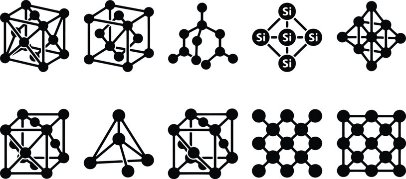 Molecular crystal lattice structures, 10 scientific atom models, silicon chemical bonding icons, physics research vector set