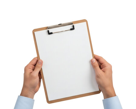 Person holding an empty wooden clipboard with a blank white sheet of paper, ready for your custom text, forms, or notes, for office, business, or education purposes&nbsp;