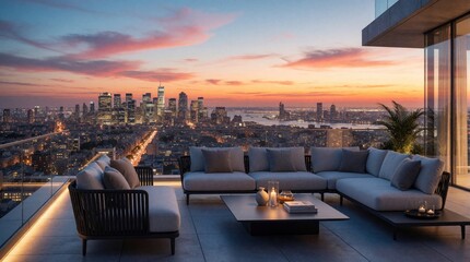 Fototapeta premium Modern luxury penthouse terrace overlooks New York City skyline at sunset. Elegant lounge furniture sits on rooftop balcony with view of skyscrapers, river. Golden hour light fills urban landscape