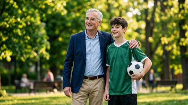 Smiling grandfather and teenage grandson standing in a park. Senior man with arm around boy holding a soccer ball. Family bonding and outdoor sports concept