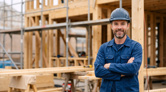 Confident male construction worker with crossed arms. Smiling builder in blue hard hat standing in front of wooden house frame. Professional contractor portrait