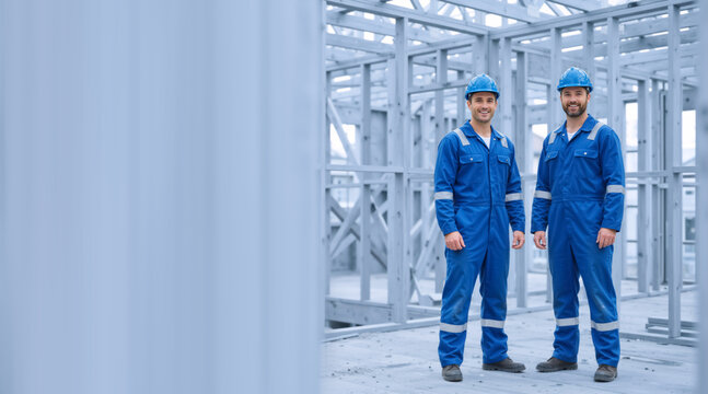 Two smiling construction workers in blue uniforms and hard hats. Builders standing inside a steel building frame. Teamwork and industrial development concept. Copy space for text