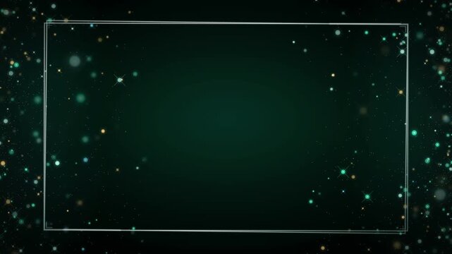 Dark green background loop with a thin silver frame border and drifting glitter particles