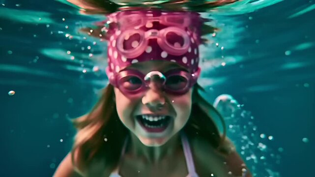 Summer hot vibe lifestyle. A vivid underwater portrait of a young girl, captured in a dynamic pose. She wears a pink swimming cap with white polka dots and a pair of pink goggles.