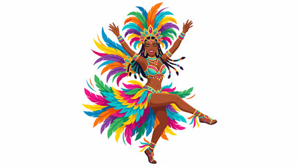 Fototapeta premium Woman in Colorful Carnival Costume Dancing with Feathers and Beads isolated on white background