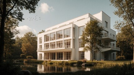 Fototapeta premium Modern white building with large windows, balconies sits by tranquil pond. Trees surround property, creating peaceful natural setting. Luxury dwelling offers scenic views, ideal for architectural