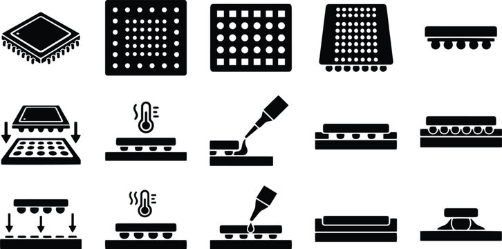 Semiconductor microchip manufacturing icons, 15 electronic component assembly vectors, BGA soldering and CPU production symbols