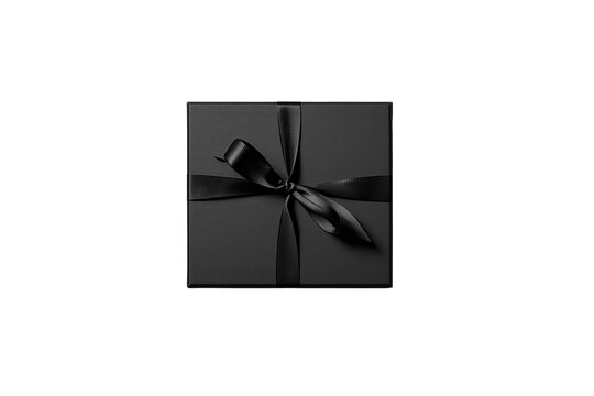 Black wrapped present box with glossy ribbon bow