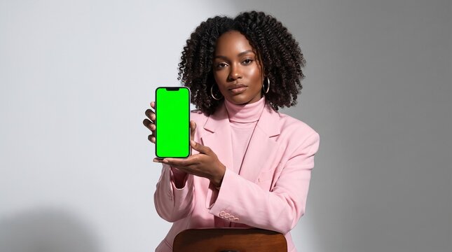 Professional America Young Woman Holding Green Screen Phone Display with Pastel outfit