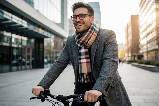 A young man with glasses smiles while cycling in a city, wearing a wool coat and scarf, conveying a joyful and free-spirited approach to daily transportation in an urban environment.