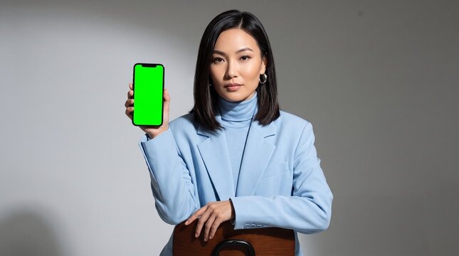 Asian Businesswoman in Blue Suit Showing Smartphone with Landscape Green Screen Mockup