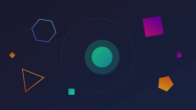 Geometric shapes moving in slow circular motion across dark background creating abstract digital video animation display