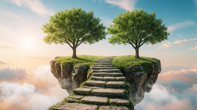 Pathway on floating rock between two trees. Stone stpic lead to brighter future on grassland. Clouds below, clear skies above. Sunrise sunset colors enrich scene. Uplifting symbol of growth, optimism.